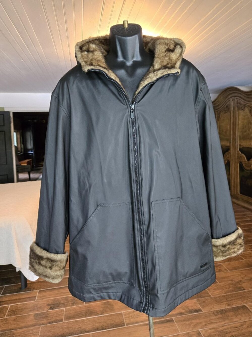OutBrook Woman Dark Brown Faux Fur & Leather Hooded Coat Size 1X (16W/18W)